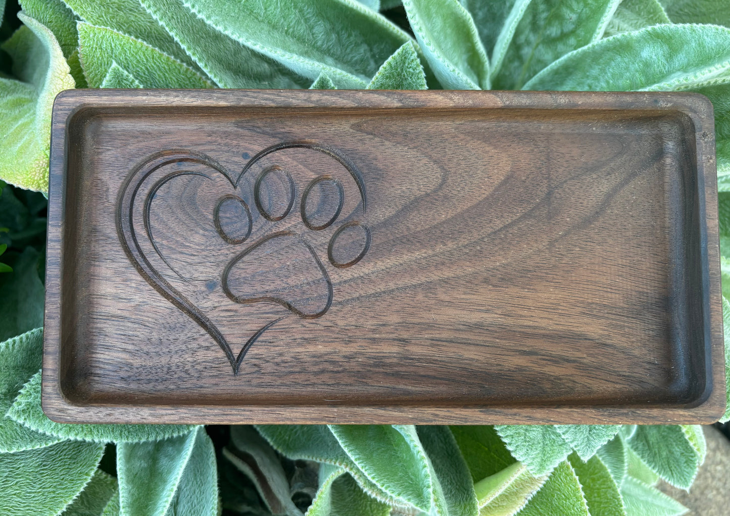 Pet Memorial Tray – Walnut Wood with Carved Heart and Paw Print Design