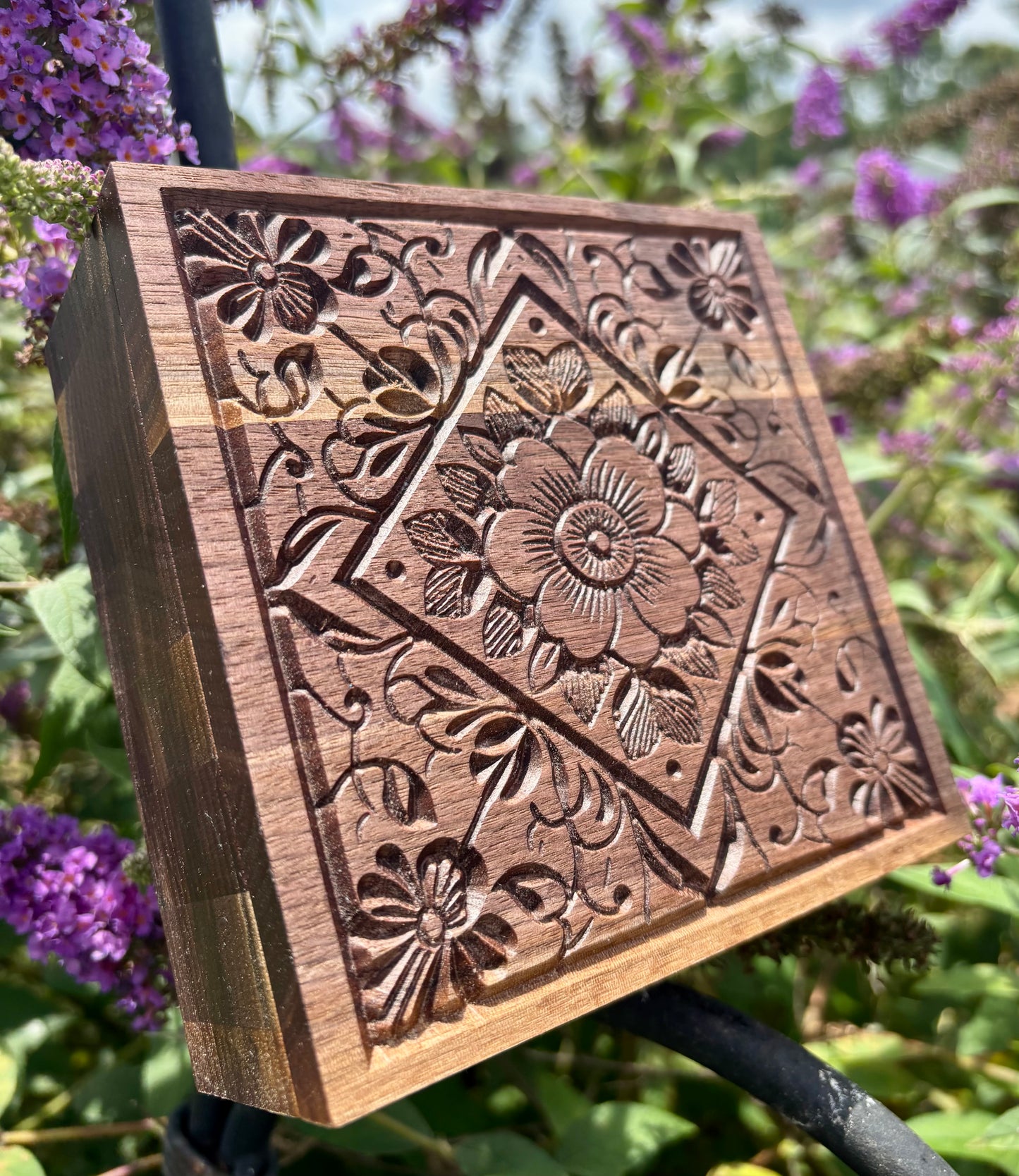 Wooden Jewelry Box – Carved Mandala Walnut Handmade Keepsake Storage