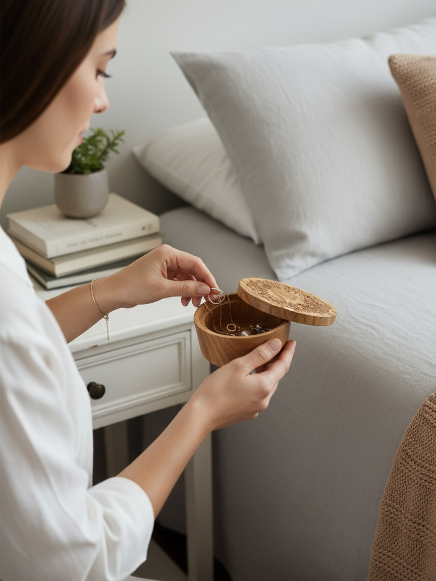 Wooden Jewelry Box – Small Ash Wood Daisy Engraved Keepsake Storage
