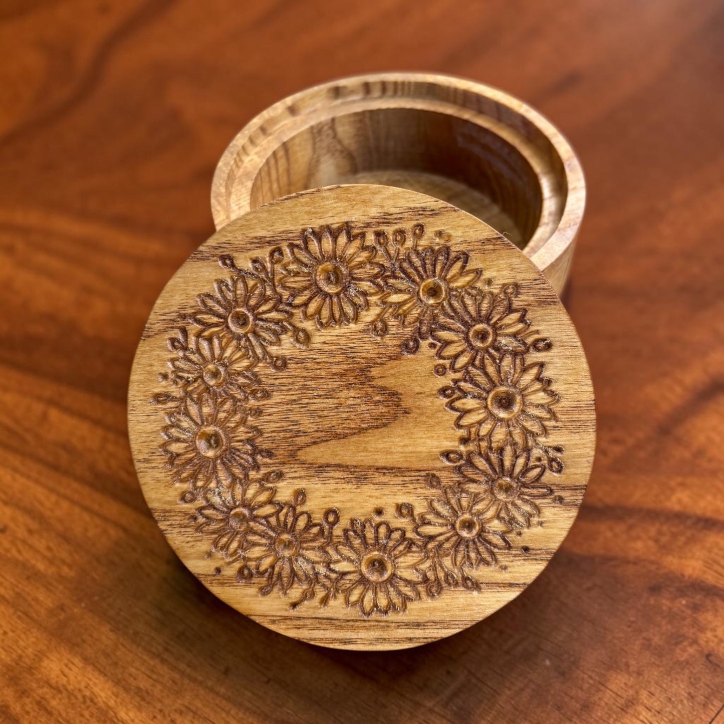 Wooden Jewelry Box – Small Ash Wood Daisy Engraved Keepsake Storage