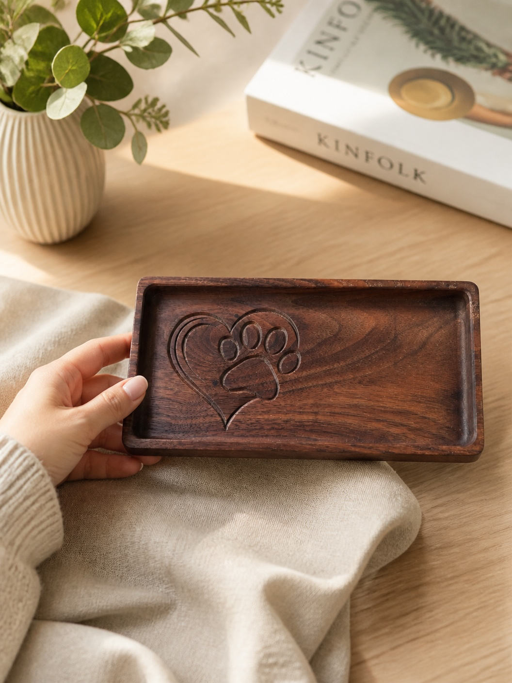 Pet Memorial Tray – Walnut Wood with Carved Heart and Paw Print Design