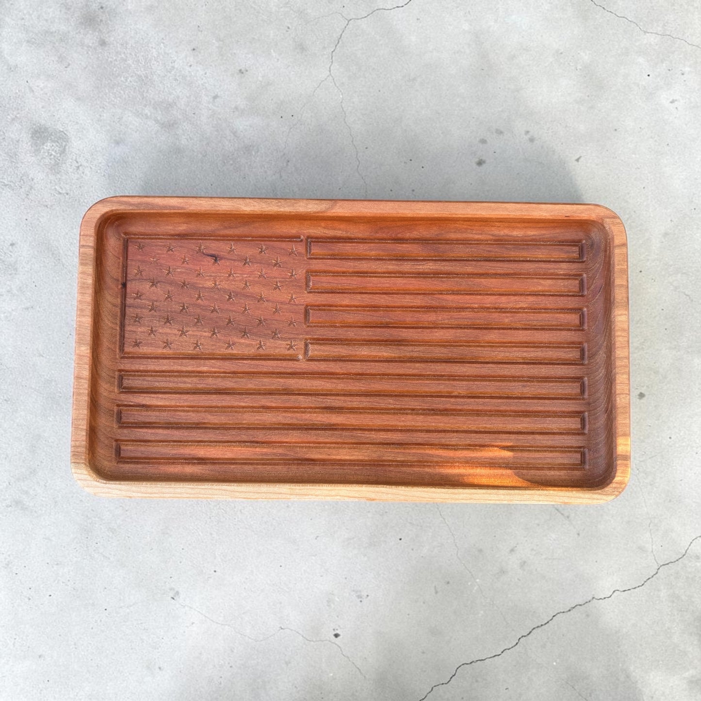American Flag Tray – Carved Cherry Wood Catchall for Keys & Jewelry