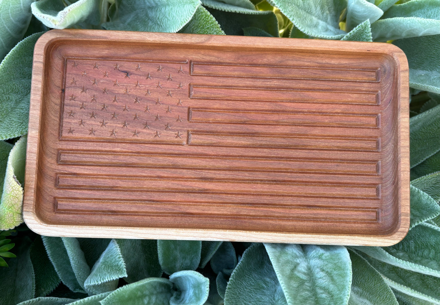 American Flag Tray – Carved Cherry Wood Catchall for Keys & Jewelry
