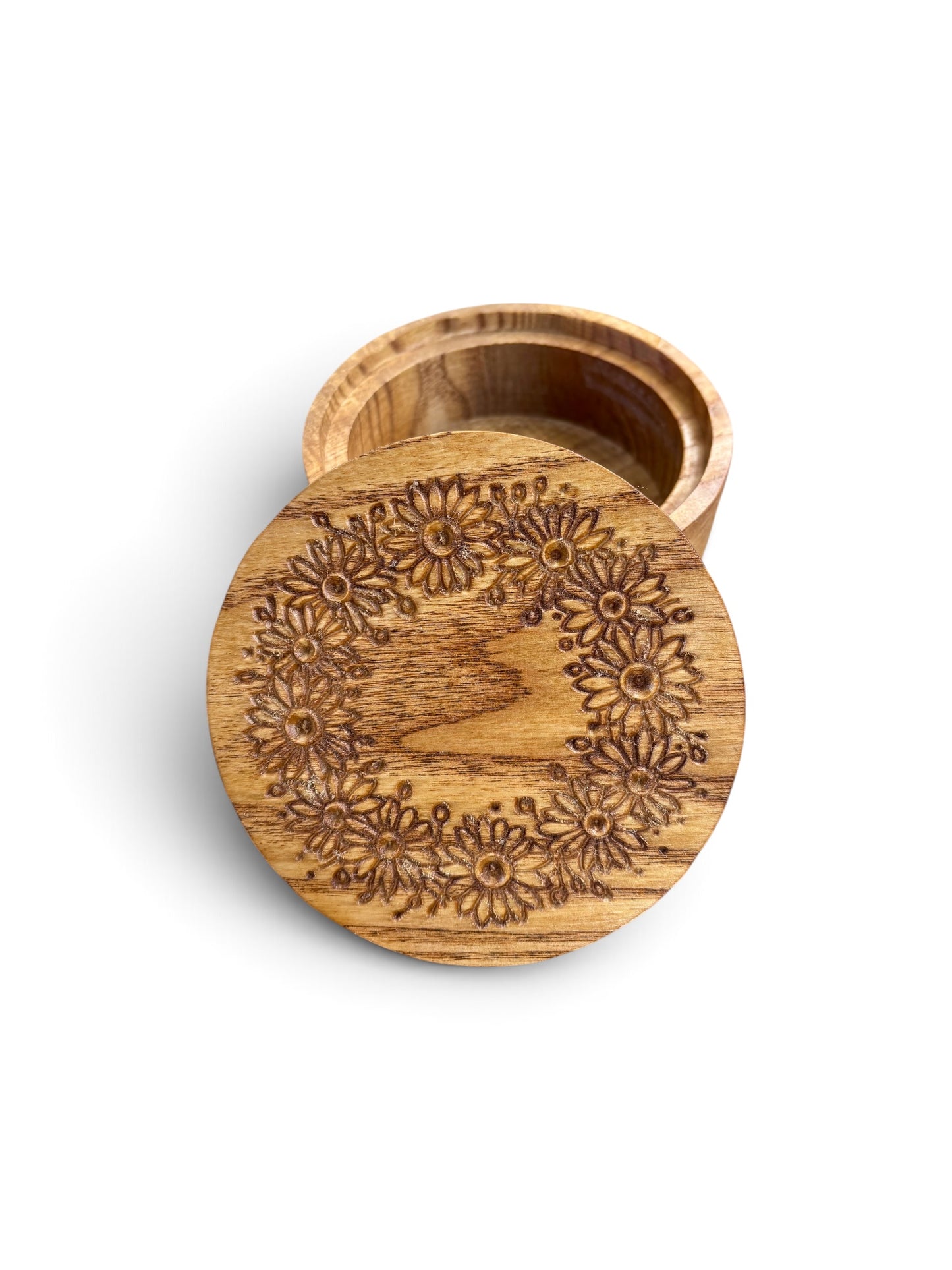 Small Wooden Jewelry Box Ash Wood Storage Natural Grain Pattern Daisy Engraved Floral Wreath Design Perfect Keepsake Gift Box Wedding Bridesmaid Present Anniversary Gift Mother Day Birthday Present Rustic Charm Removable Lid Trinket Keeper