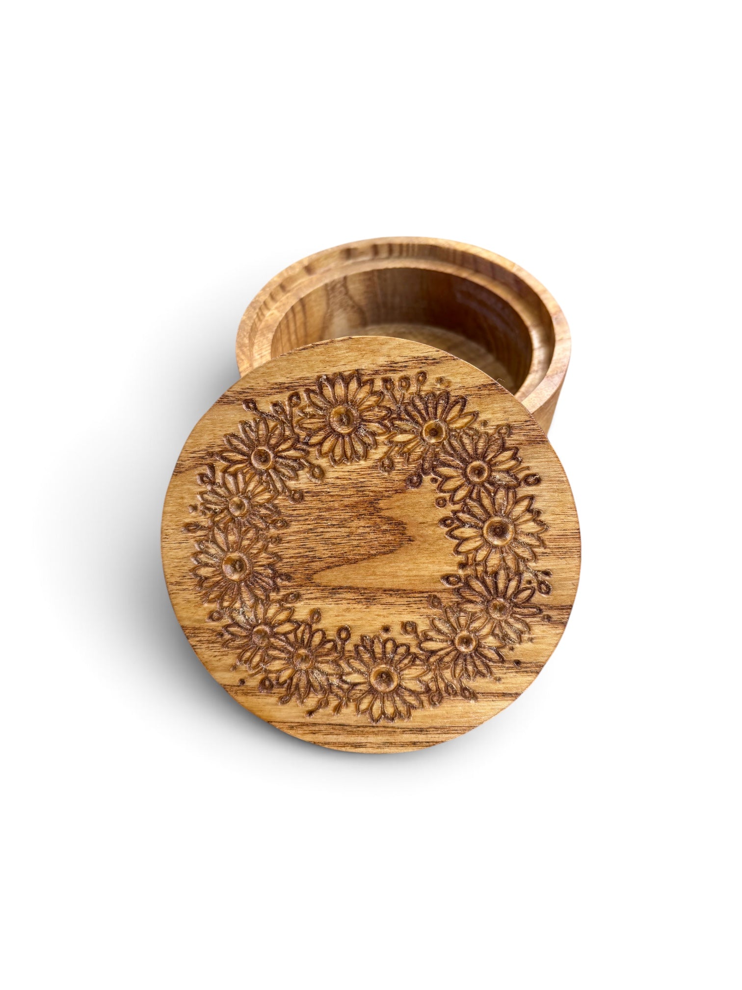 Small Wooden Jewelry Box Ash Wood Storage Natural Grain Pattern Daisy Engraved Floral Wreath Design Perfect Keepsake Gift Box Wedding Bridesmaid Present Anniversary Gift Mother Day Birthday Present Rustic Charm Removable Lid Trinket Keeper