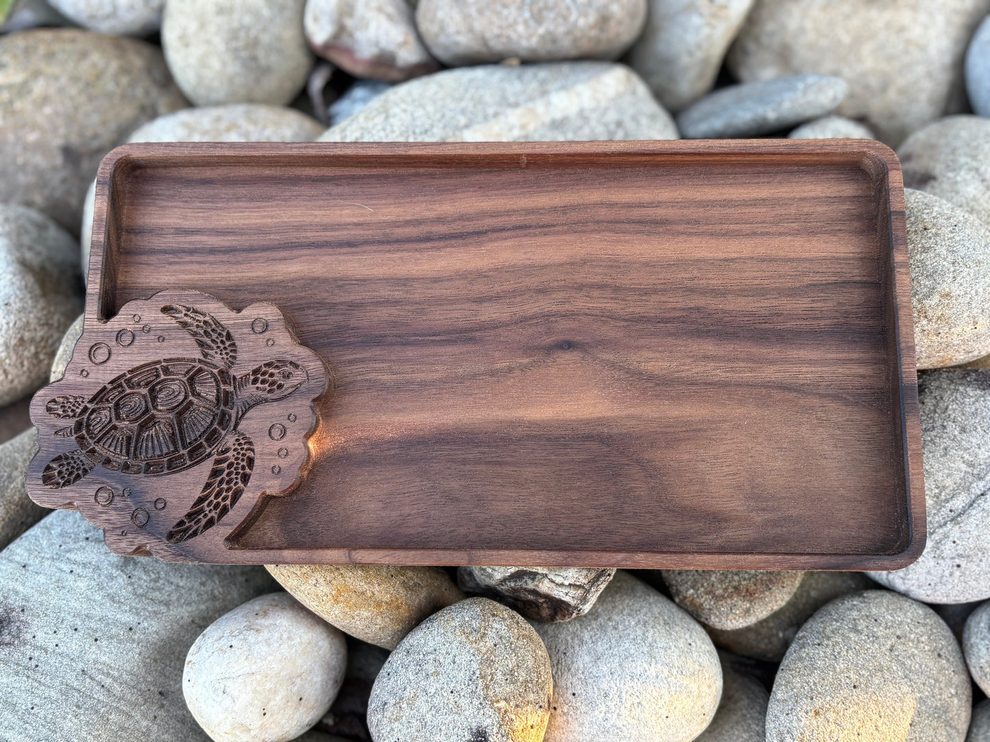 Walnut Wood Catch All Tray – Carved Sea Turtle Design for Coastal Entryway