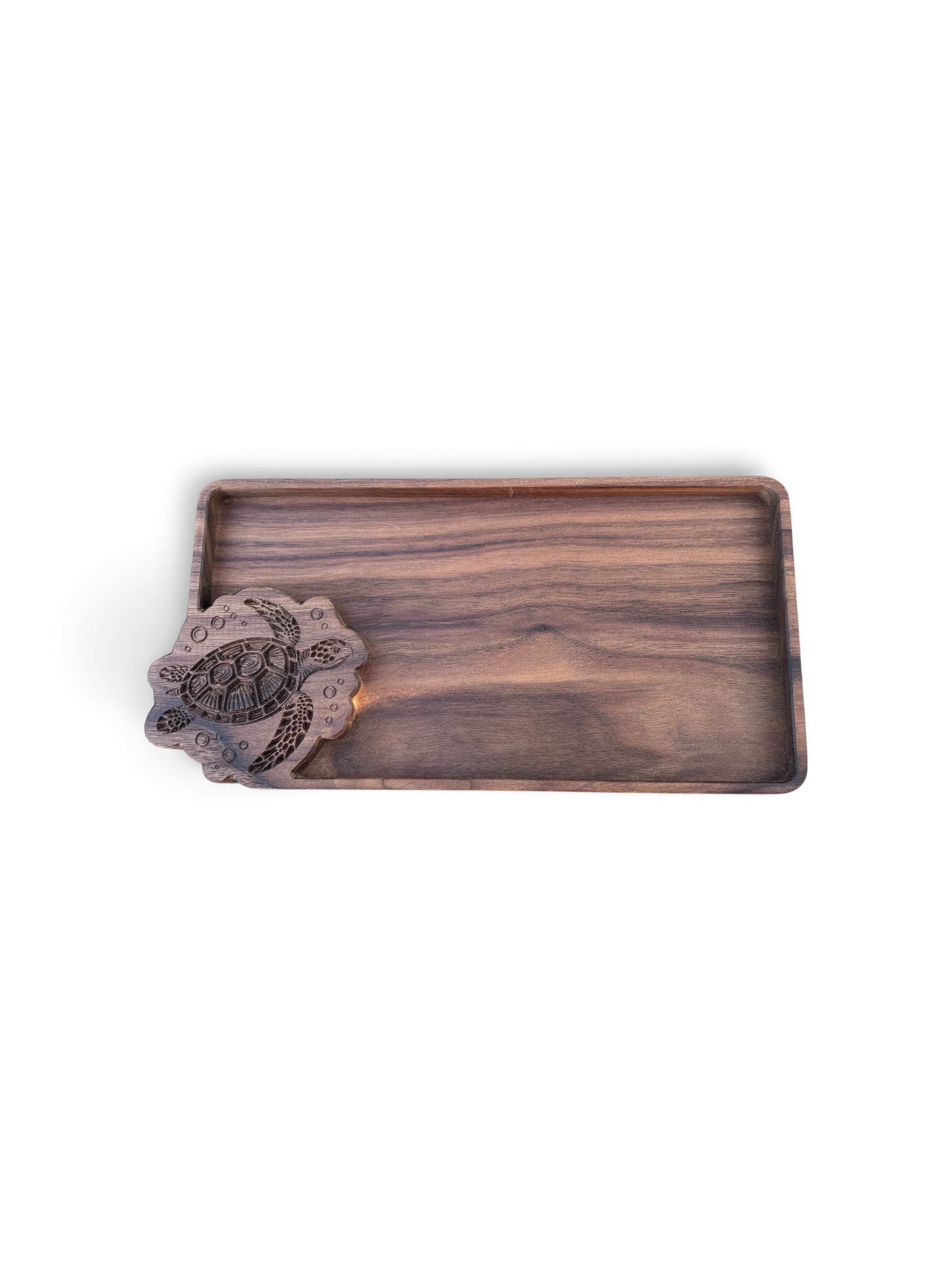 Walnut Wood Catch All Tray Sea Turtle Carved Design Coastal Entryway Organizer Natural Wood Grain Finish Raised Edge Storage Jewelry Holder Key Tray Beach House Decor Ocean Theme Valet Dish Handcrafted Artisan Quality Nautical Style Gift