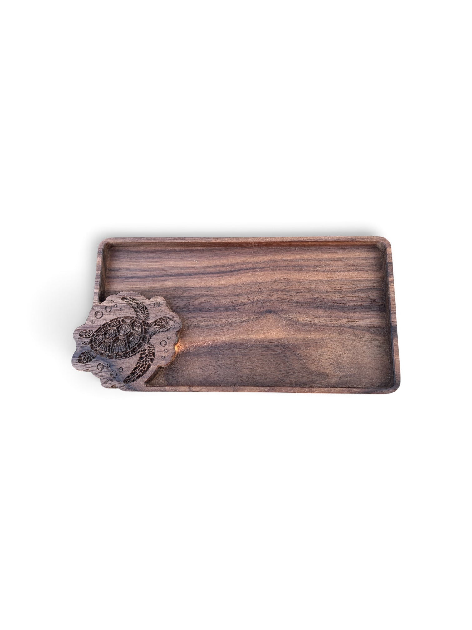 Walnut Wood Catch All Tray Sea Turtle Carved Design Coastal Entryway Organizer Natural Wood Grain Finish Raised Edge Storage Jewelry Holder Key Tray Beach House Decor Ocean Theme Valet Dish Handcrafted Artisan Quality Nautical Style Gift