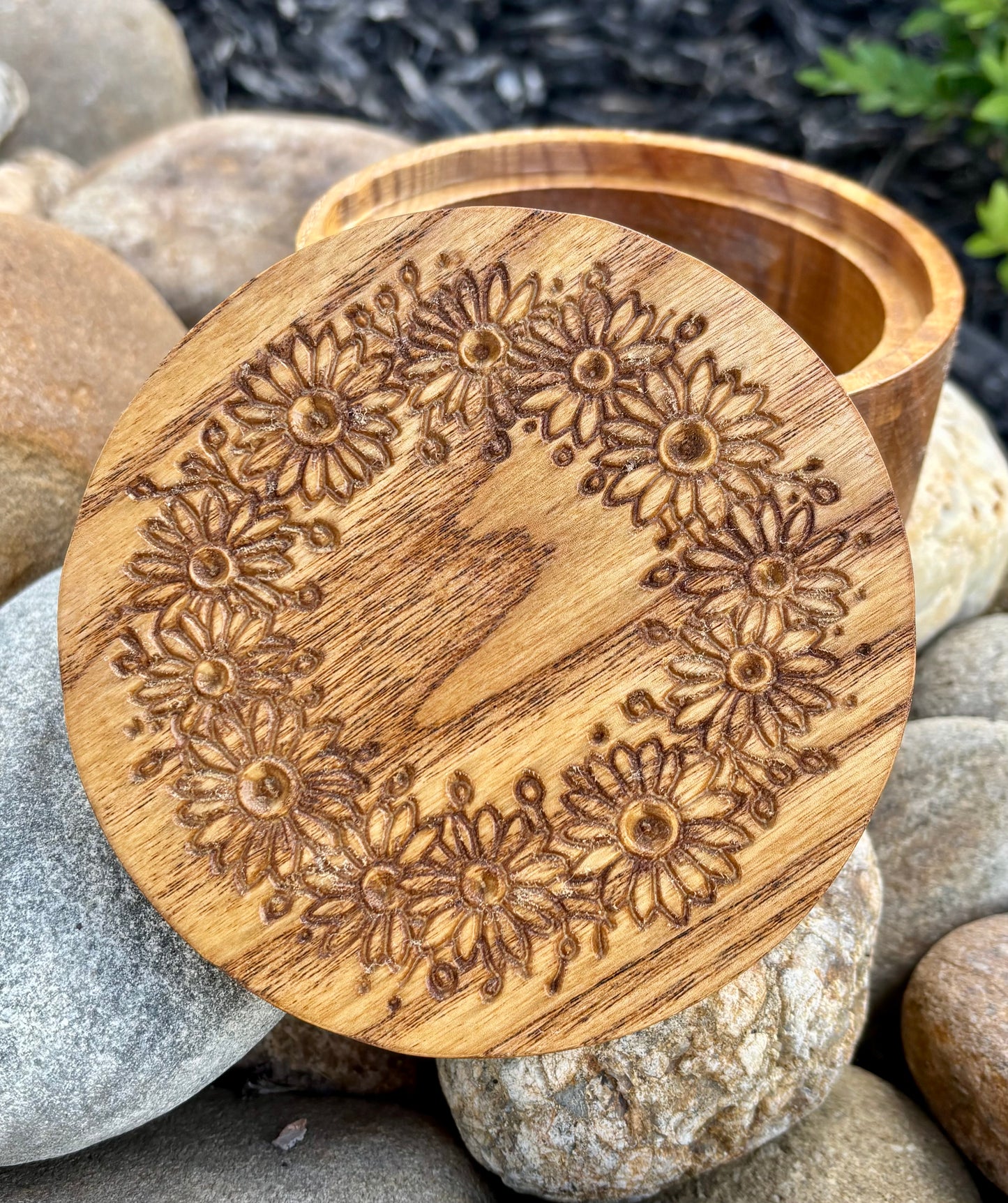 Wooden Jewelry Box – Small Ash Wood Daisy Engraved Keepsake Storage