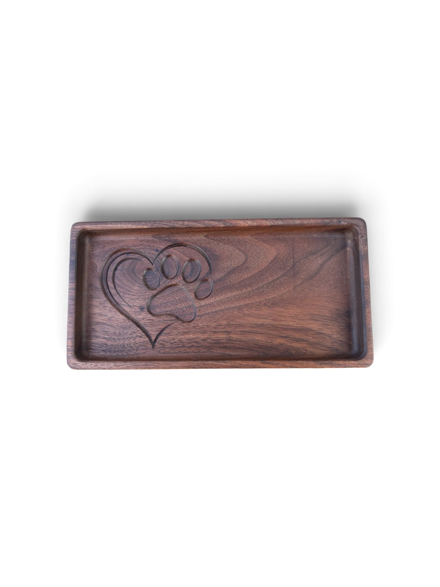 Walnut Wood Tray Pet Loss Gift Carved Heart Paw Print Design Sympathy Present Dog Lover Keepsake Handcrafted Wooden Catchall Jewelry Organizer Natural Grain Finish Dark Stain Details Rustic Home Accent Bedside Storage Trinket Holder Artisan