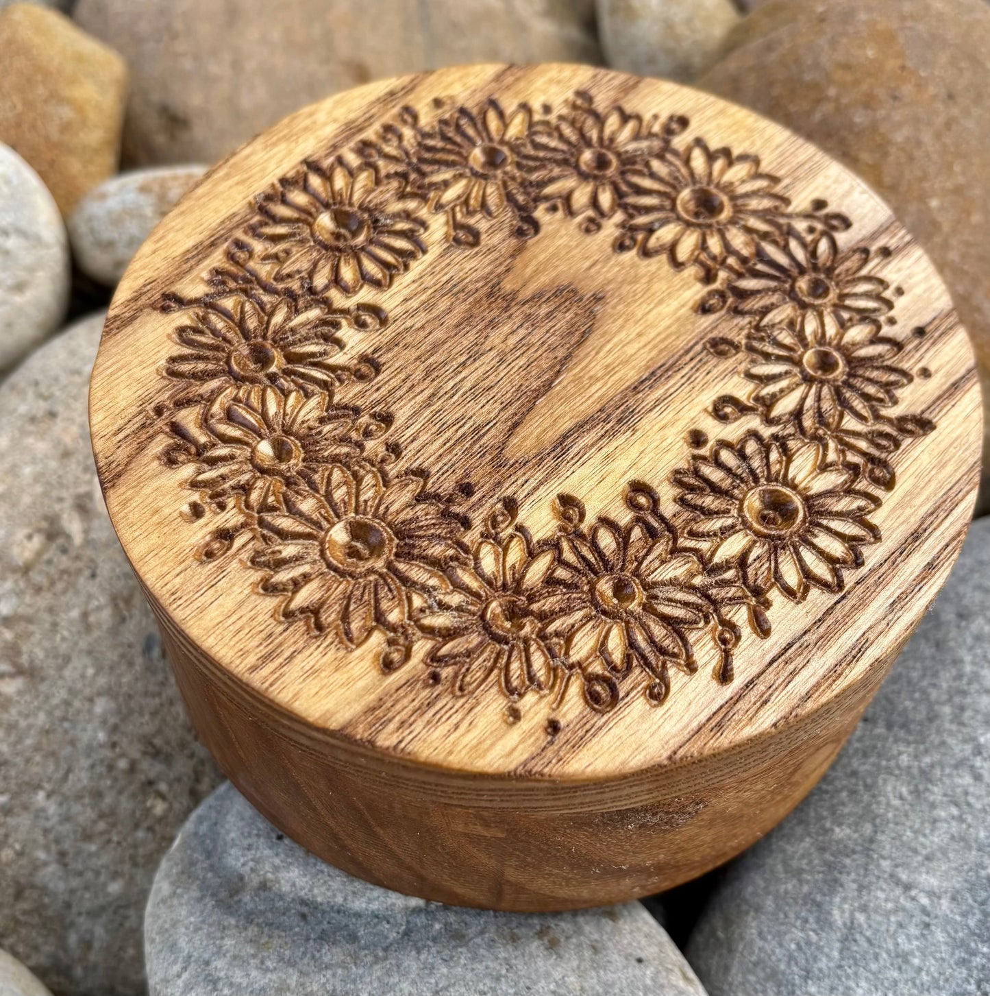 Wooden Jewelry Box – Small Ash Wood Daisy Engraved Keepsake Storage
