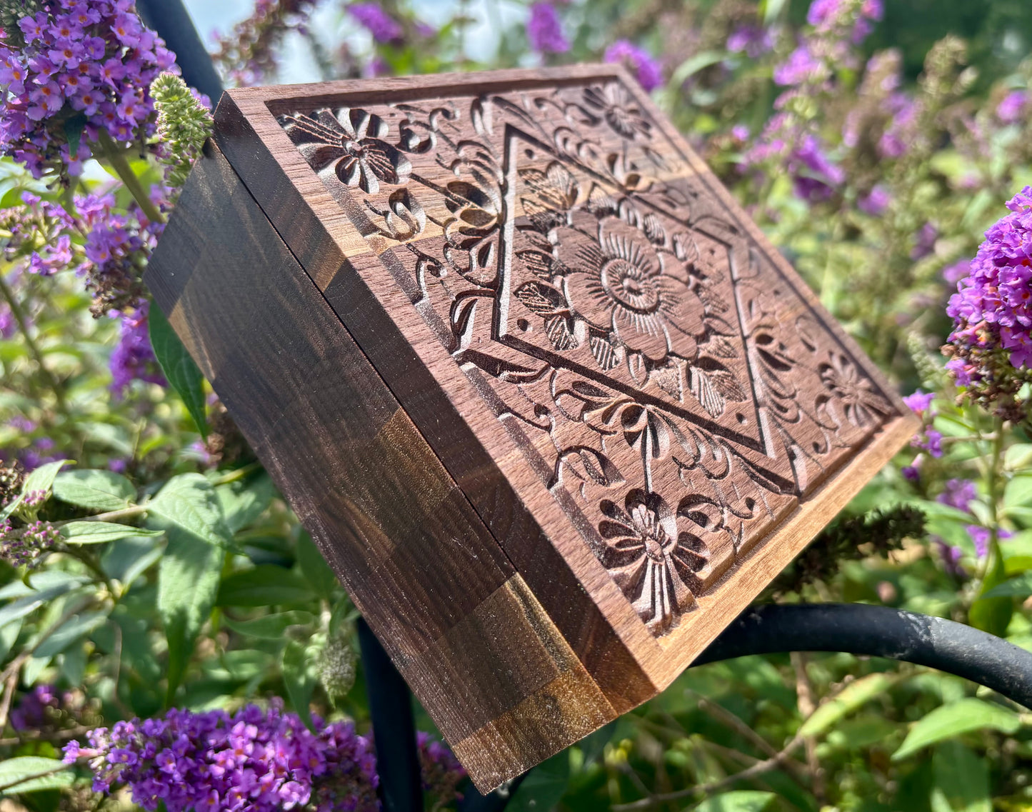 Wooden Jewelry Box – Carved Mandala Walnut Handmade Keepsake Storage