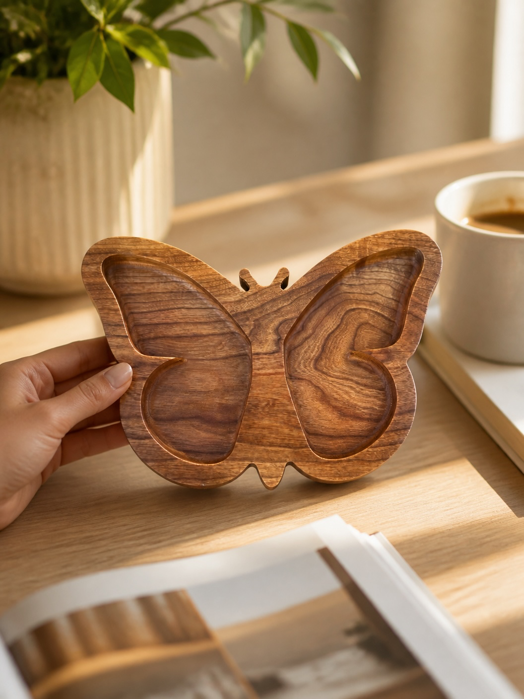 Wooden Jewelry Tray – Walnut Butterfly Design Two Compartment Organizer