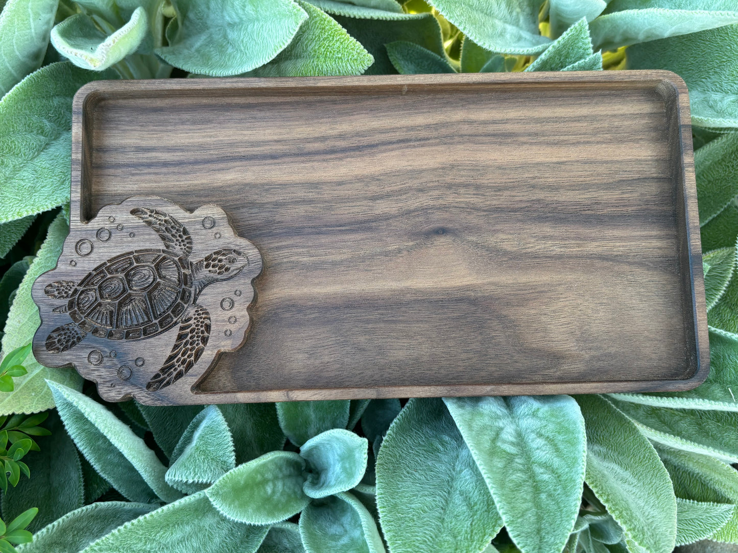 Walnut Wood Catch All Tray – Carved Sea Turtle Design for Coastal Entryway