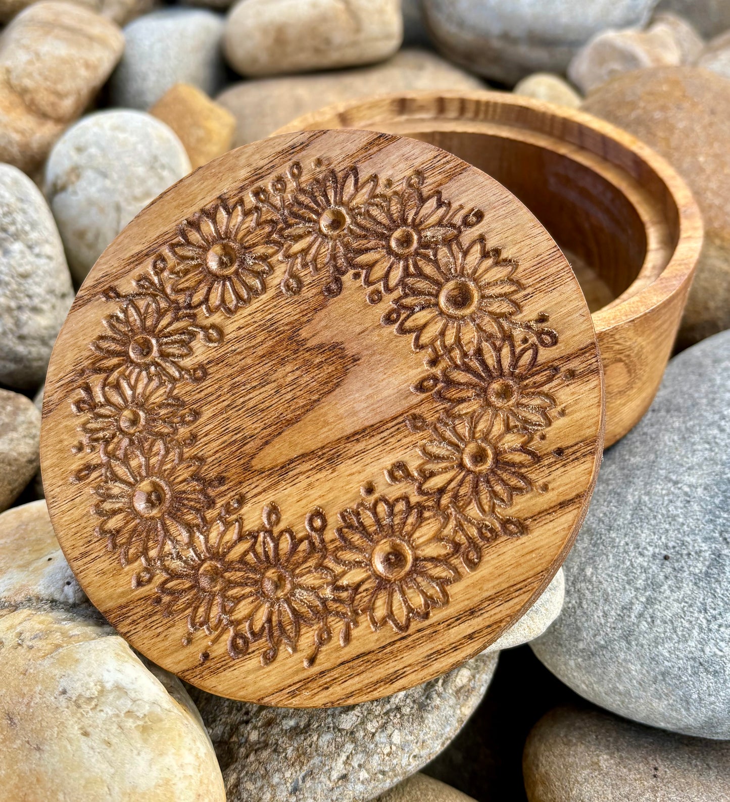 Wooden Jewelry Box – Small Ash Wood Daisy Engraved Keepsake Storage