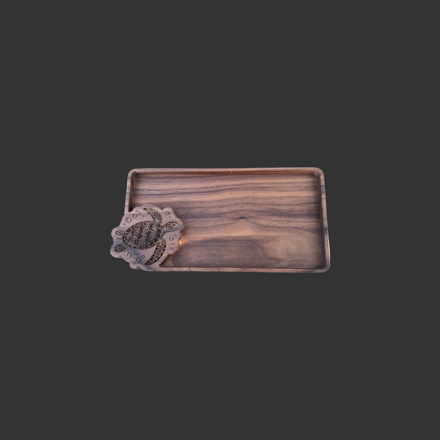Walnut Wood Tray Carved Sea Turtle Design Natural Hardwood Jewelry Organizer Coastal Home Storage Dark Walrus Oil Finish Visible Wood Grain Pattern Handcrafted Catchall Dish Bathroom Vanity Organizer Bedside Table Storage Keys Coins Ring