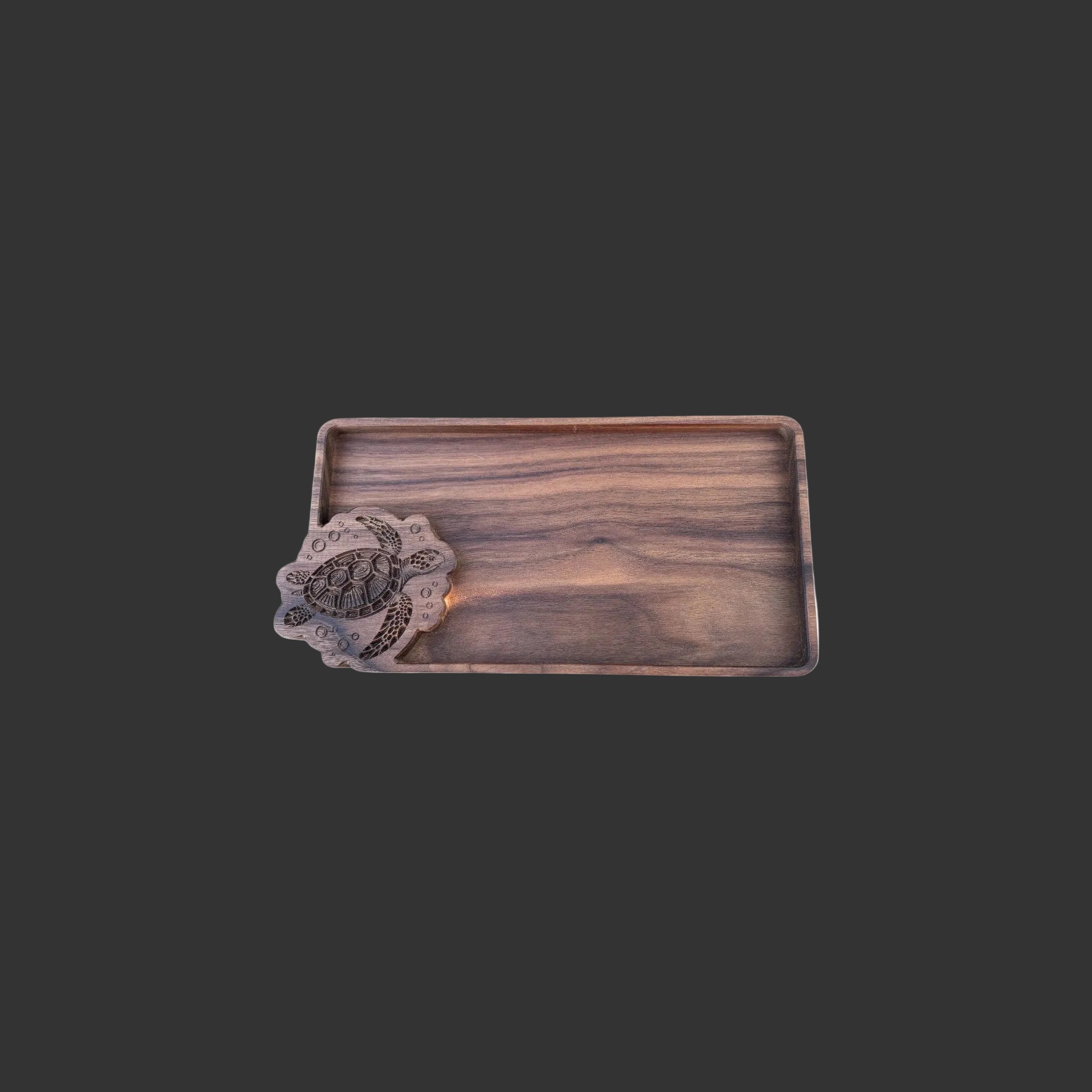 Walnut Wood Tray Carved Sea Turtle Design Natural Hardwood Jewelry Organizer Coastal Home Storage Dark Walrus Oil Finish Visible Wood Grain Pattern Handcrafted Catchall Dish Bathroom Vanity Organizer Bedside Table Storage Keys Coins Ring