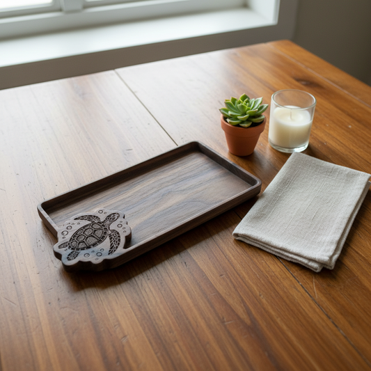 Sea Turtle Tray – Walnut Wood Carved Coastal Jewelry Organizer
