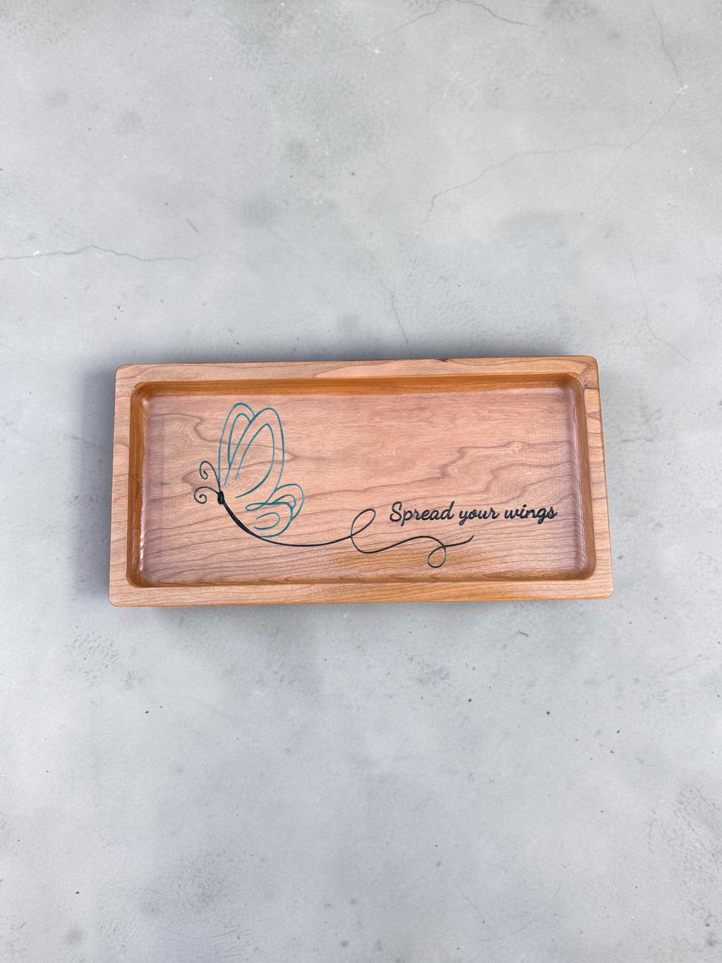 Wooden Jewelry Tray – Carved Butterfly Cherry Wood Catchall Organizer