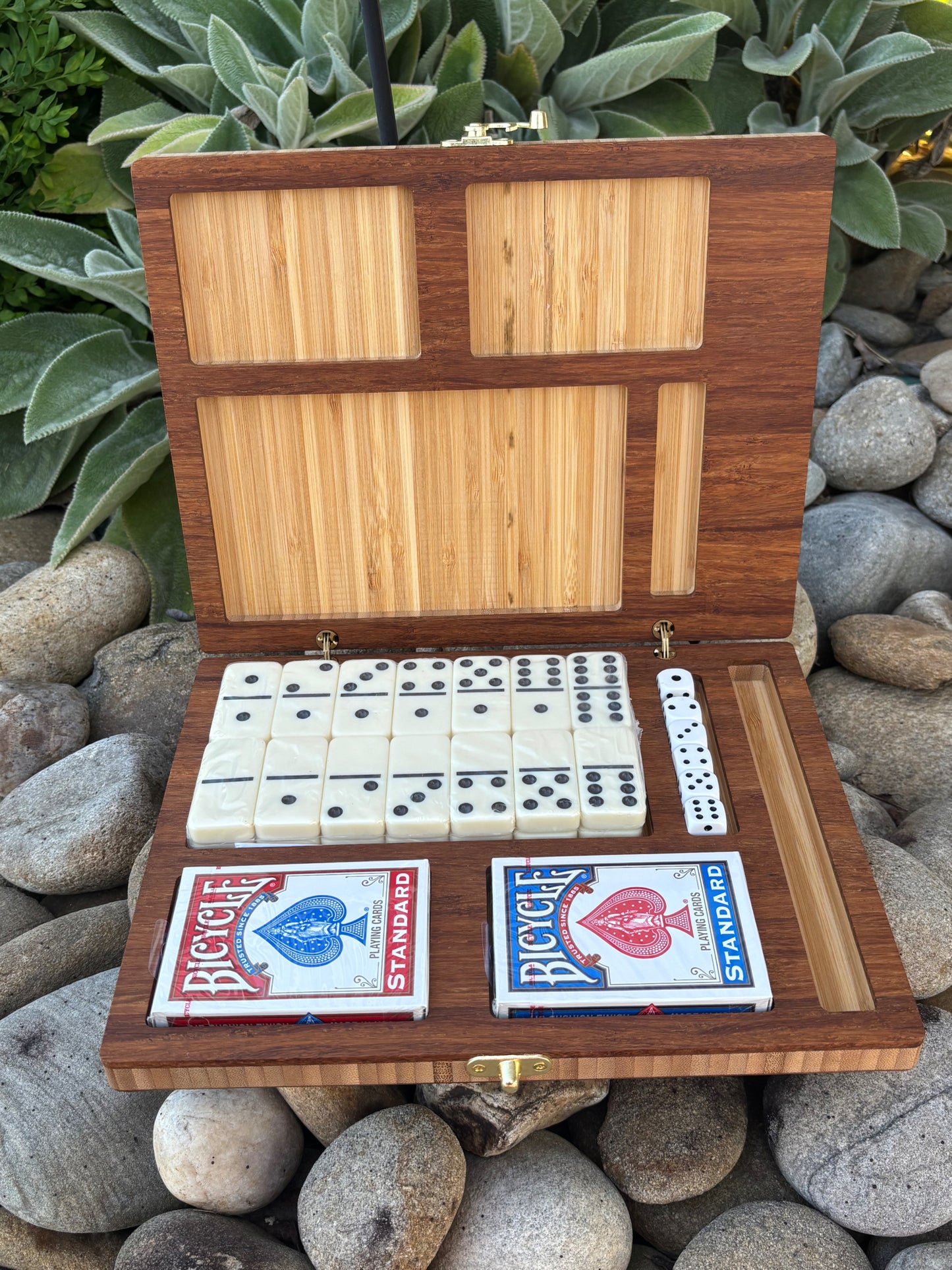 Bamboo Travel Game Set Portable Entertainment Box Complete Domino Collection White Tiles Black Dots Two Bicycle Playing Cards Red Blue Decks Hinged Storage Compartments Built In Card Slots Contrasting Wood Frame Perfect Camping Games Family
