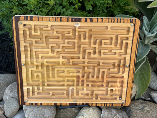 Bamboo Labyrinth Puzzle Wooden Maze Game Desktop Brain Teaser Ball Bearing Challenge Perfect Office Desk Toy Stress Relief Game Handcrafted Design Natural Wood Construction Carved Pattern Details Darker Borders Striped Inlay Edges Premium