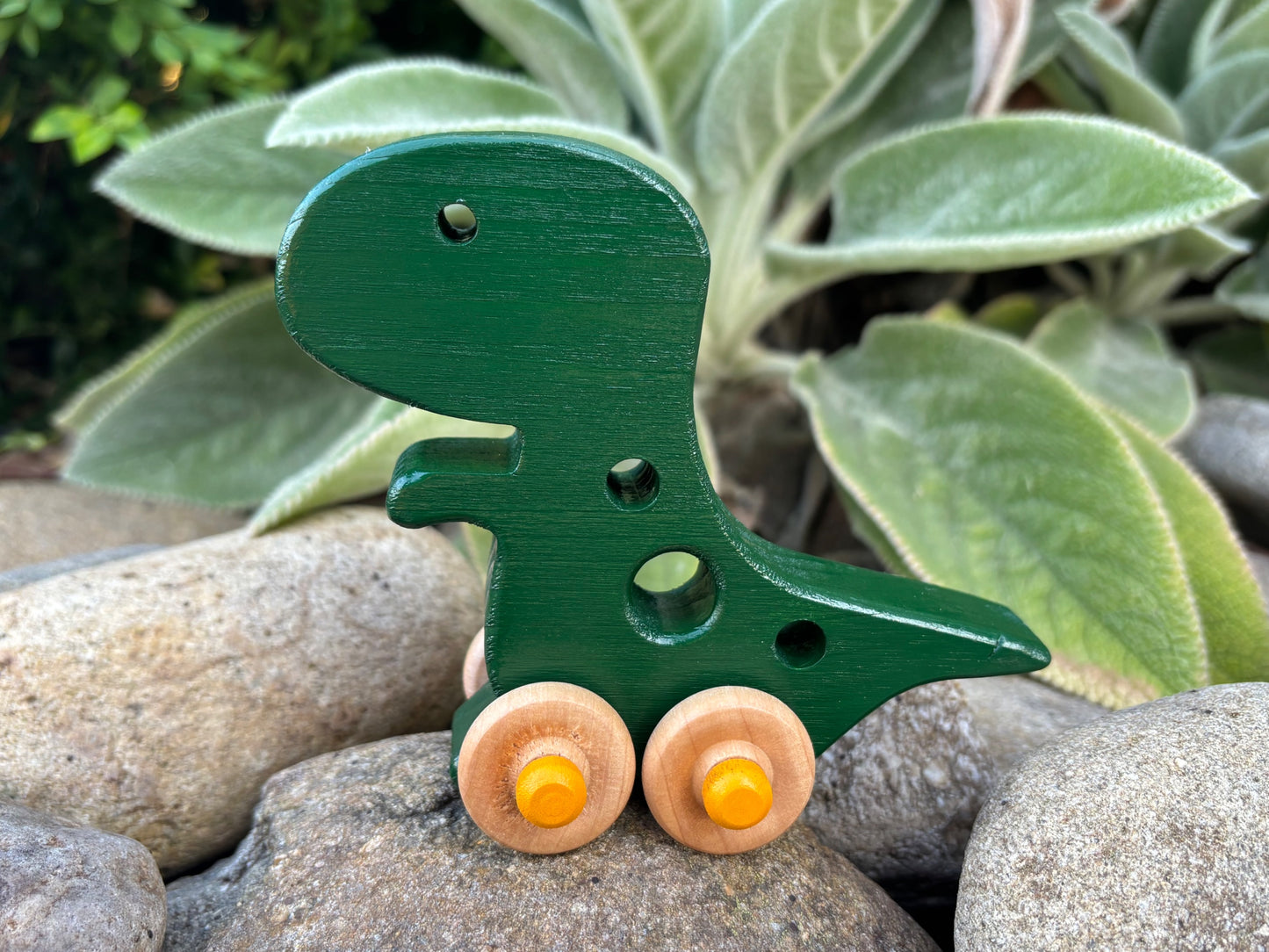 Handmade Wooden Dinosaur Push Toy Toddler Walking Toy Pine Wood Construction Non Toxic Dark Green Paint Natural Wood Wheels Yellow Center Details Smooth Finish Perfect First Birthday Gift Baby Milestone Present Eco Friendly Toy Collection