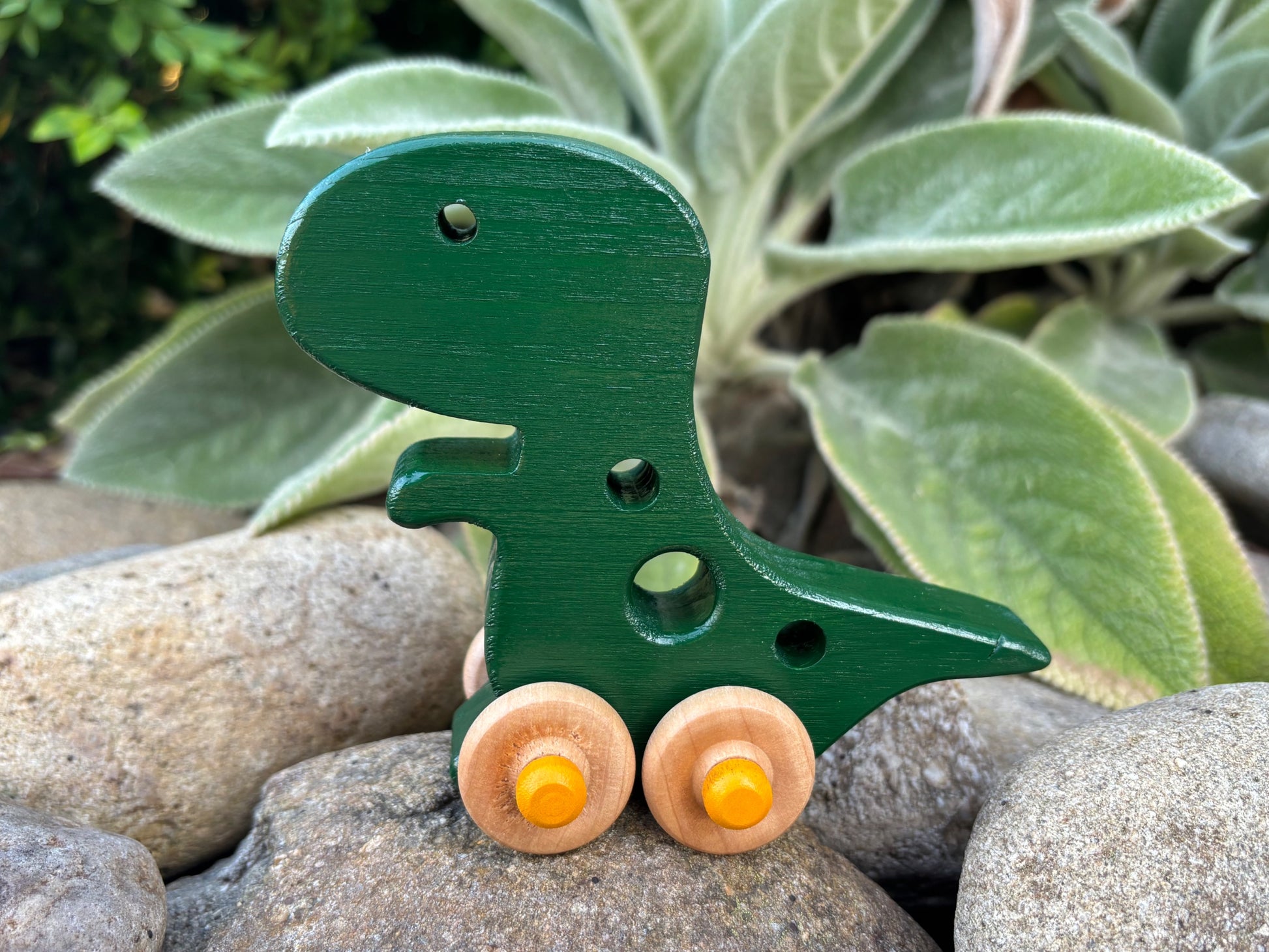 Handmade Wooden Dinosaur Push Toy Toddler Walking Toy Pine Wood Construction Non Toxic Dark Green Paint Natural Wood Wheels Yellow Center Details Smooth Finish Perfect First Birthday Gift Baby Milestone Present Eco Friendly Toy Collection