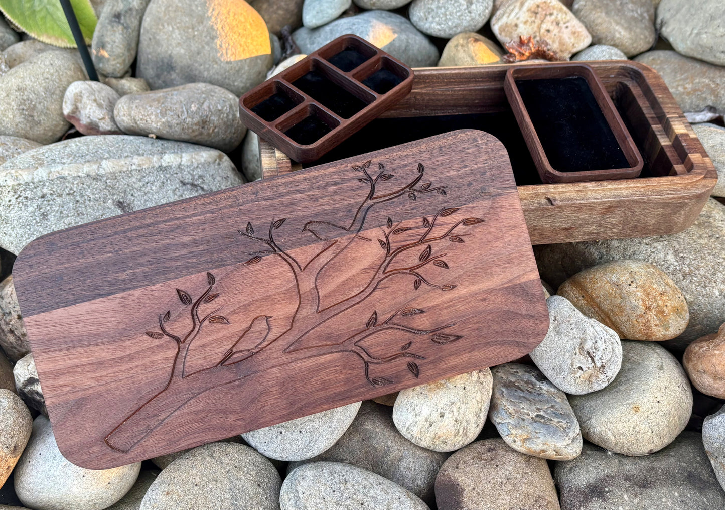 Handcrafted Walnut Wood Jewelry Storage Box Sliding Lid Design Engraved Tree Pattern Natural Grain Finish Multiple Compartment Organizer Ring Earring Necklace Bracelet Holder Rustic Bedroom Dresser Accessory Keeper Artisan Gift Box
