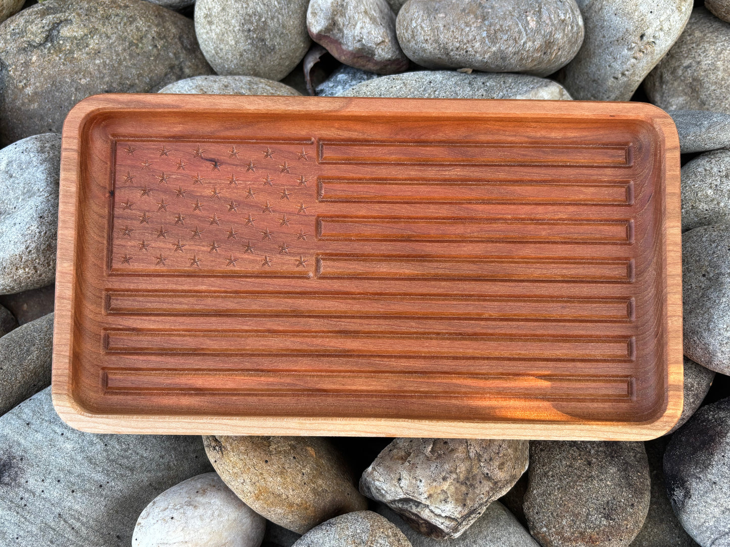 American Flag Tray – Carved Cherry Wood Catchall for Keys & Jewelry