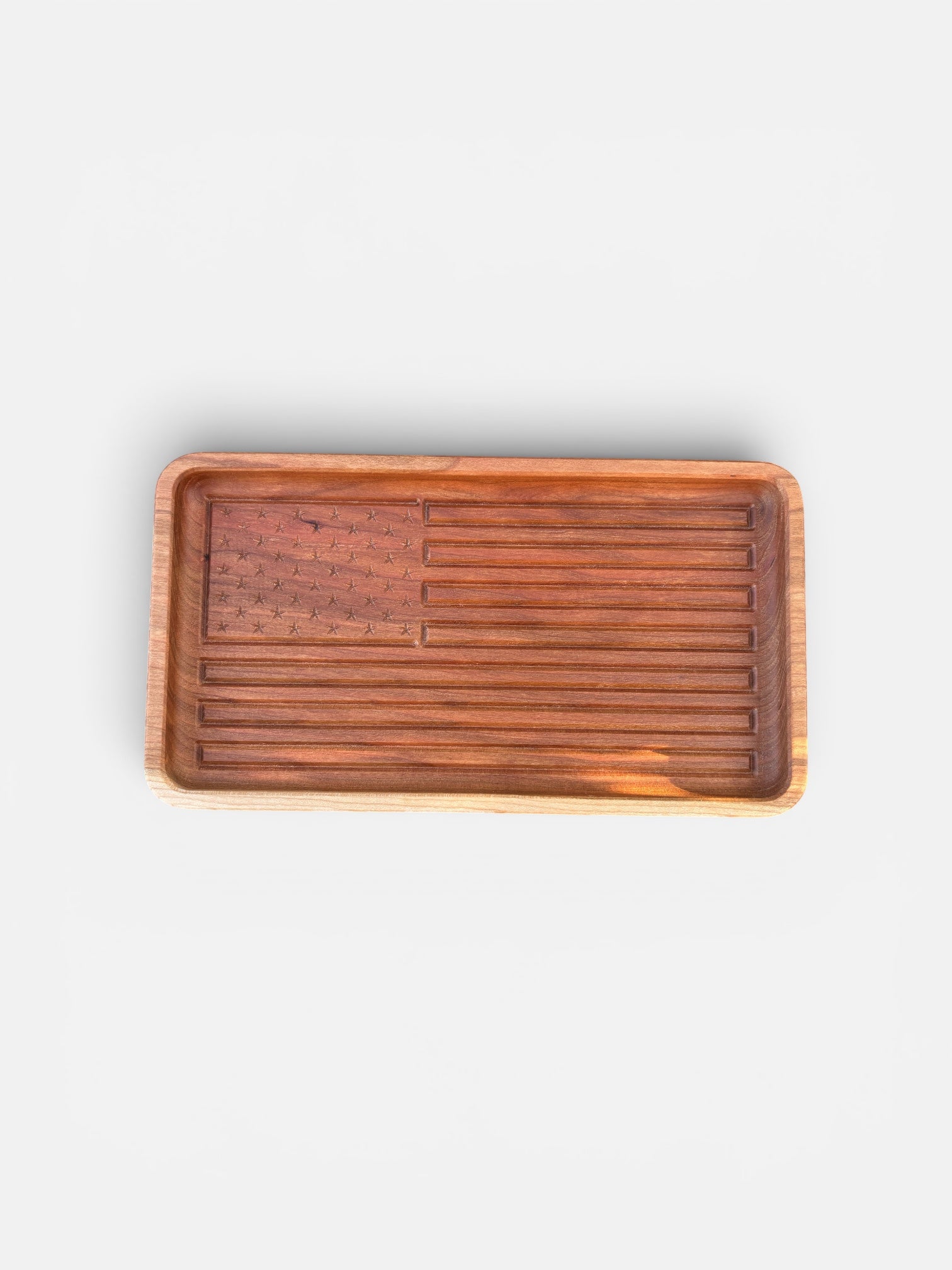 American Flag Carved Cherry Wood Tray Patriotic Veteran Gift Military Retirement Present Stars Stripes Design Handcrafted Wooden Catchall Keys Jewelry Organizer Entryway Storage Solution Walrus Oil Finish Natural Wood Grain Desktop