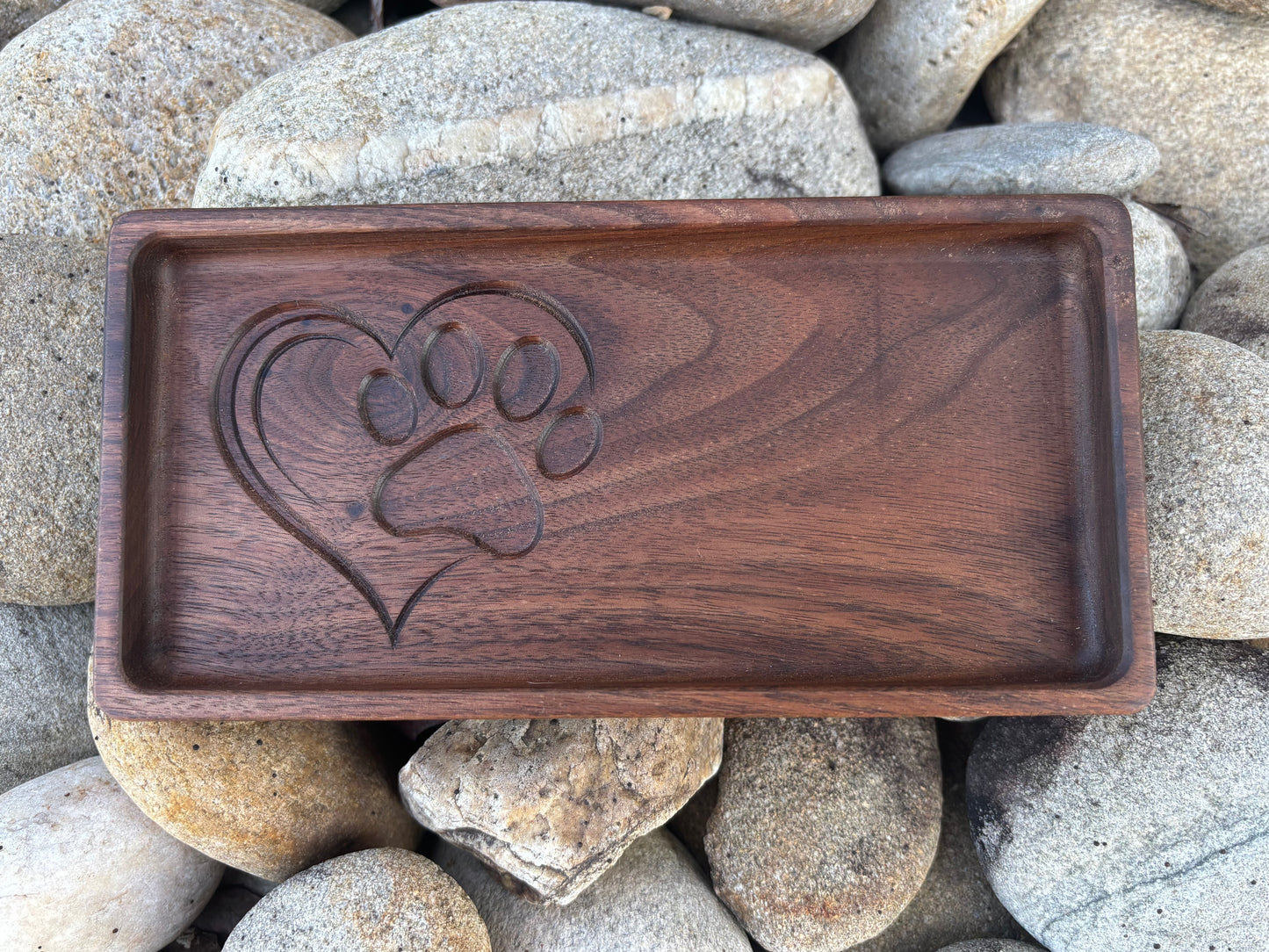 Pet Memorial Tray – Walnut Wood with Carved Heart and Paw Print Design