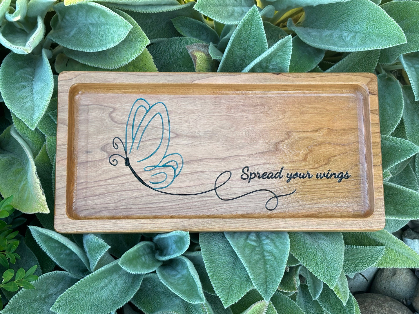 Wooden Jewelry Tray – Carved Butterfly Cherry Wood Catchall Organizer