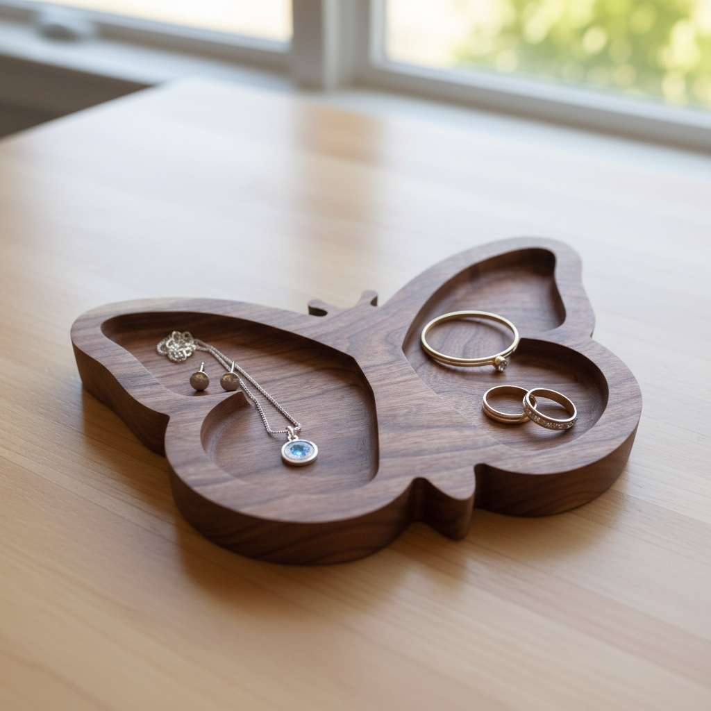 Wooden Jewelry Tray – Walnut Butterfly Design Two Compartment Organizer