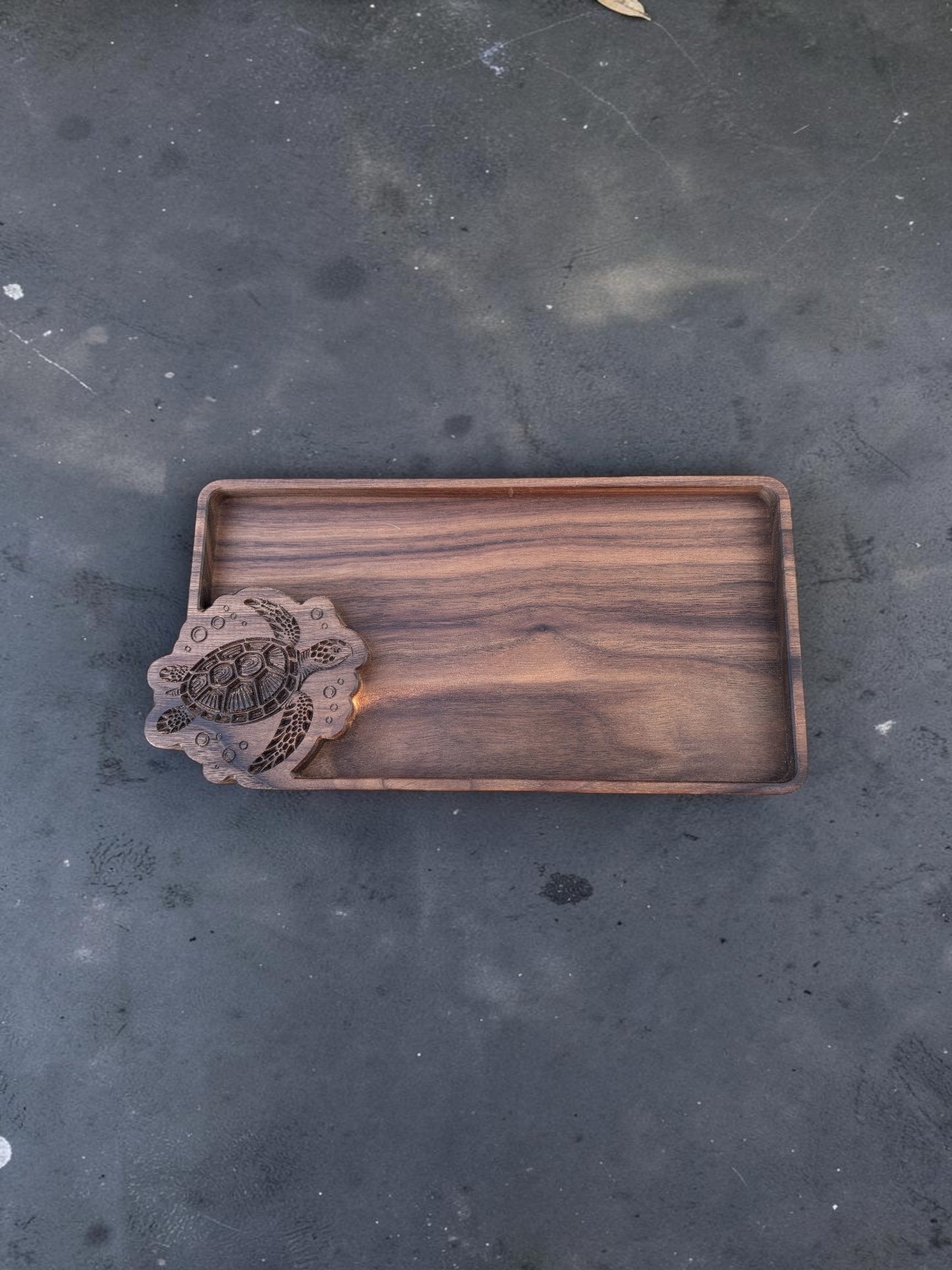 Walnut Wood Catch All Tray – Carved Sea Turtle Design for Coastal Entryway