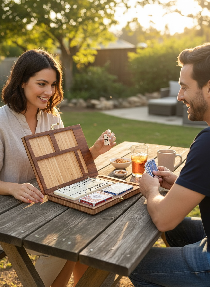 Travel Game Set – Bamboo Box with Dominoes & Playing Cards