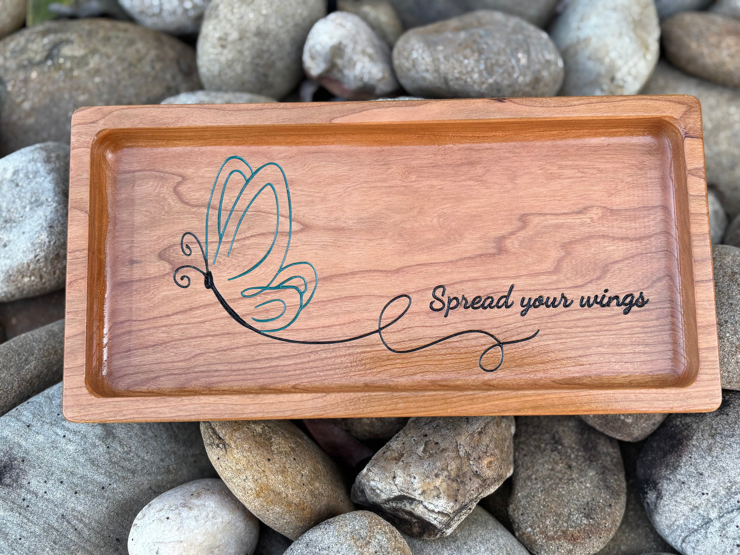Wooden Jewelry Tray – Carved Butterfly Cherry Wood Catchall Organizer