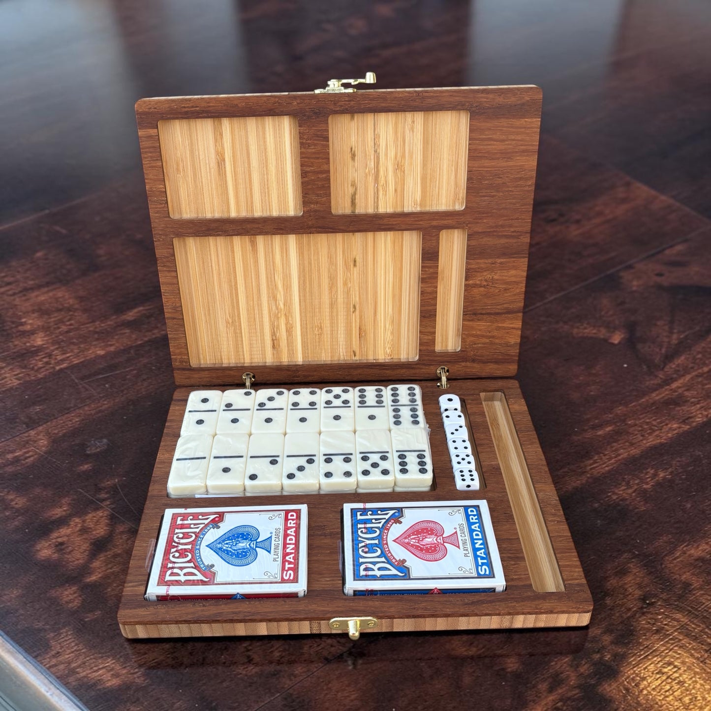 Travel Game Set – Bamboo Box with Dominoes & Playing Cards