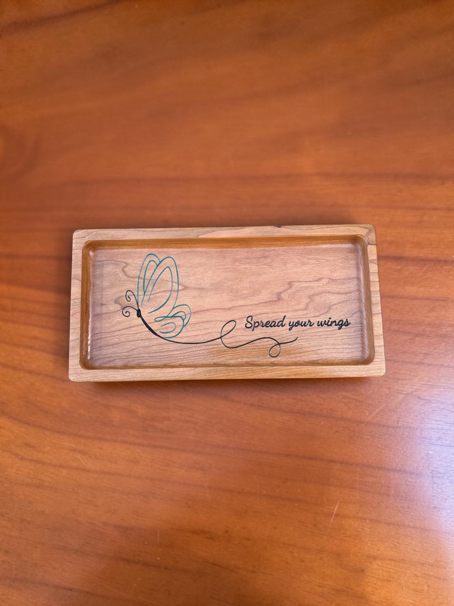 Wooden Jewelry Tray – Carved Butterfly Cherry Wood Catchall Organizer