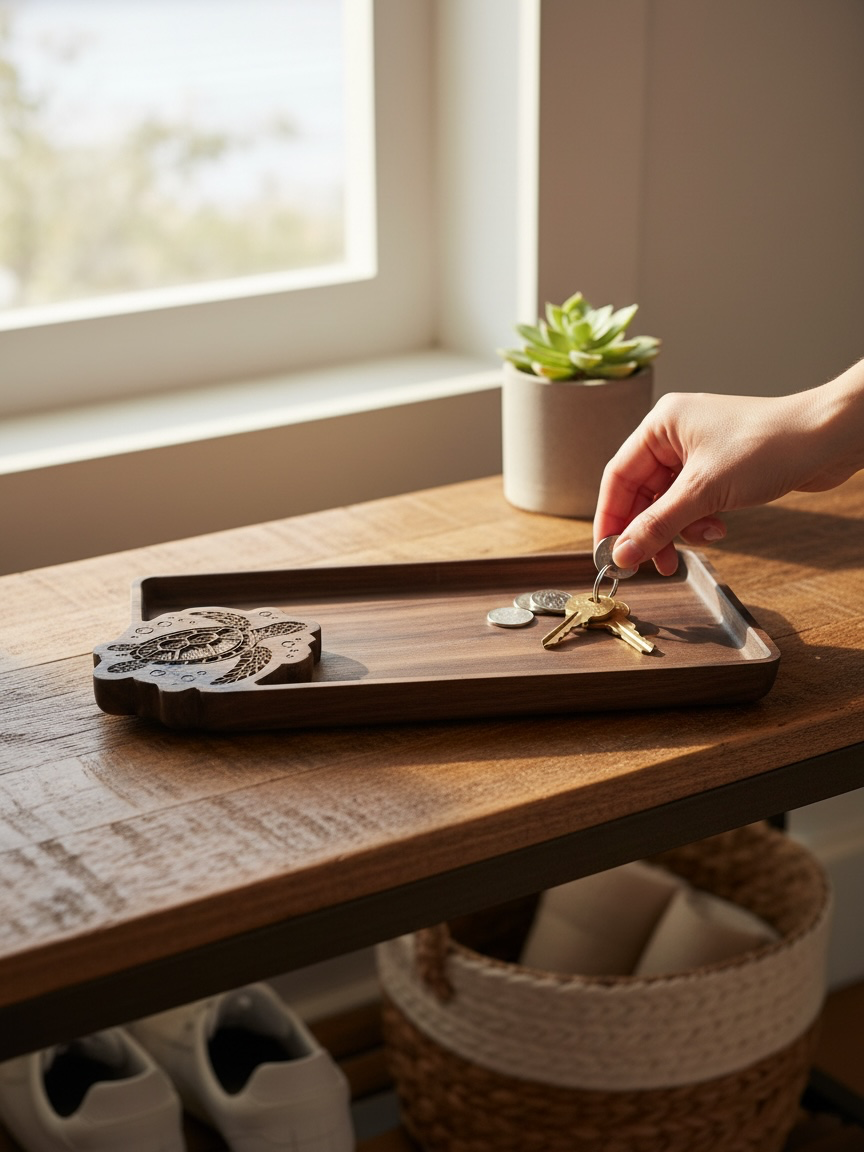 Walnut Wood Catch All Tray – Carved Sea Turtle Design for Coastal Entryway