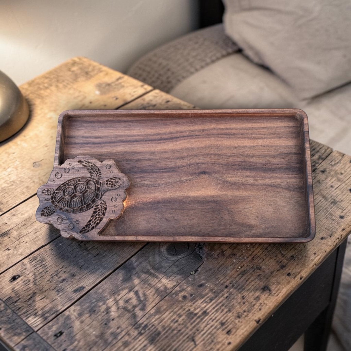 Sea Turtle Tray – Walnut Wood Carved Coastal Jewelry Organizer