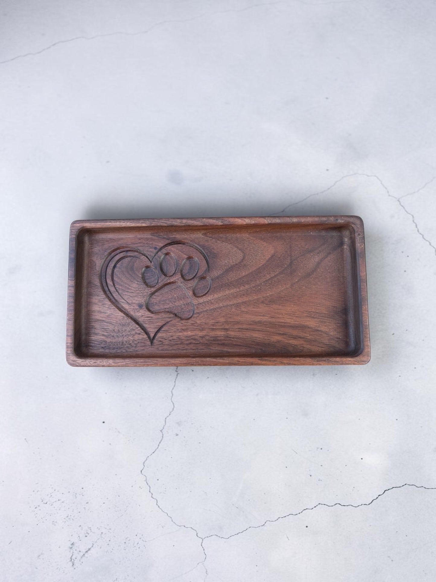Pet Memorial Tray – Walnut Wood with Carved Heart and Paw Print Design