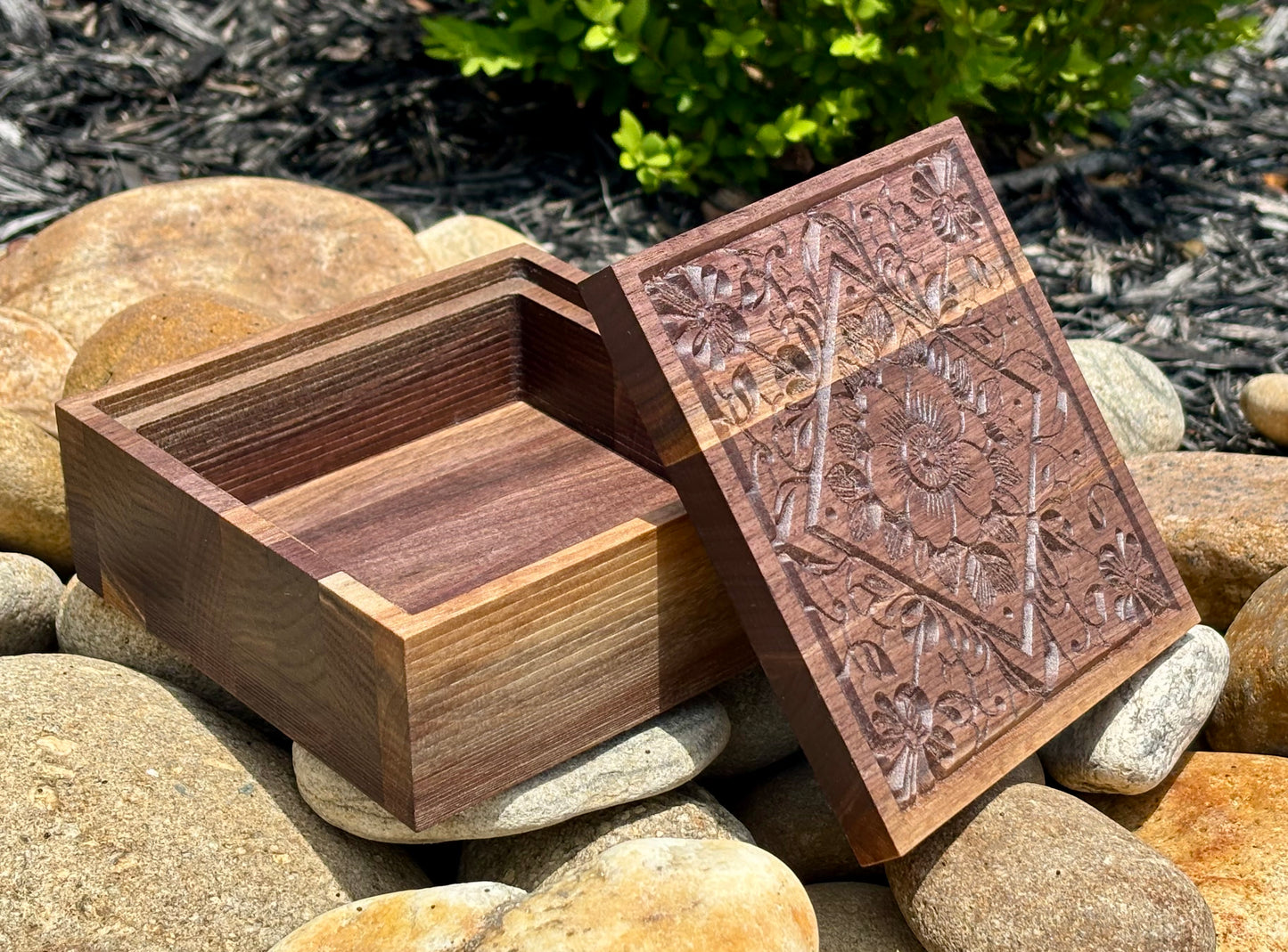 Wooden Jewelry Box – Carved Mandala Walnut Handmade Keepsake Storage