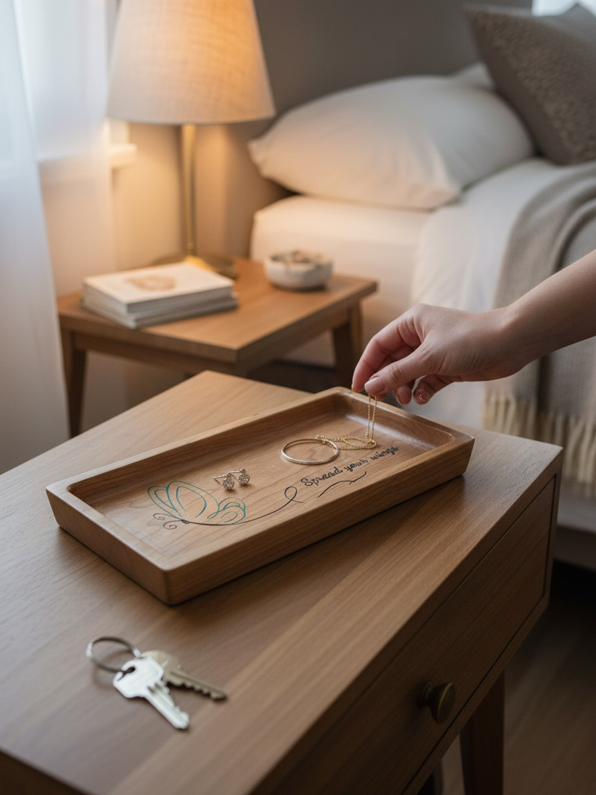 Wooden Jewelry Tray – Carved Butterfly Cherry Wood Catchall Organizer