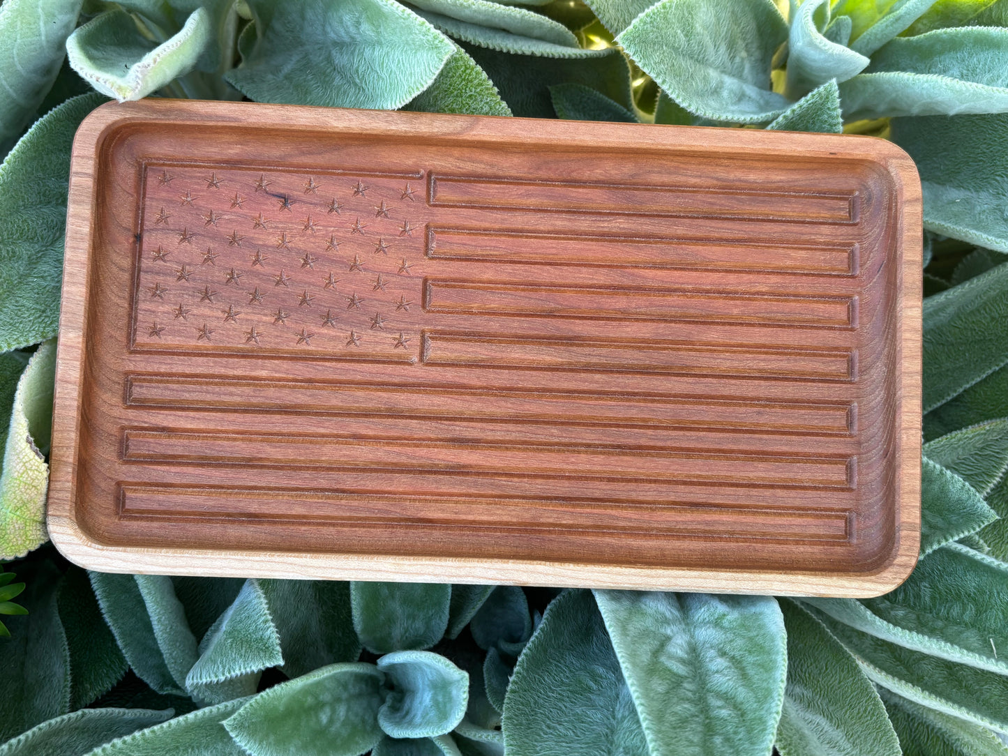 American Flag Tray – Carved Cherry Wood Catchall for Keys & Jewelry