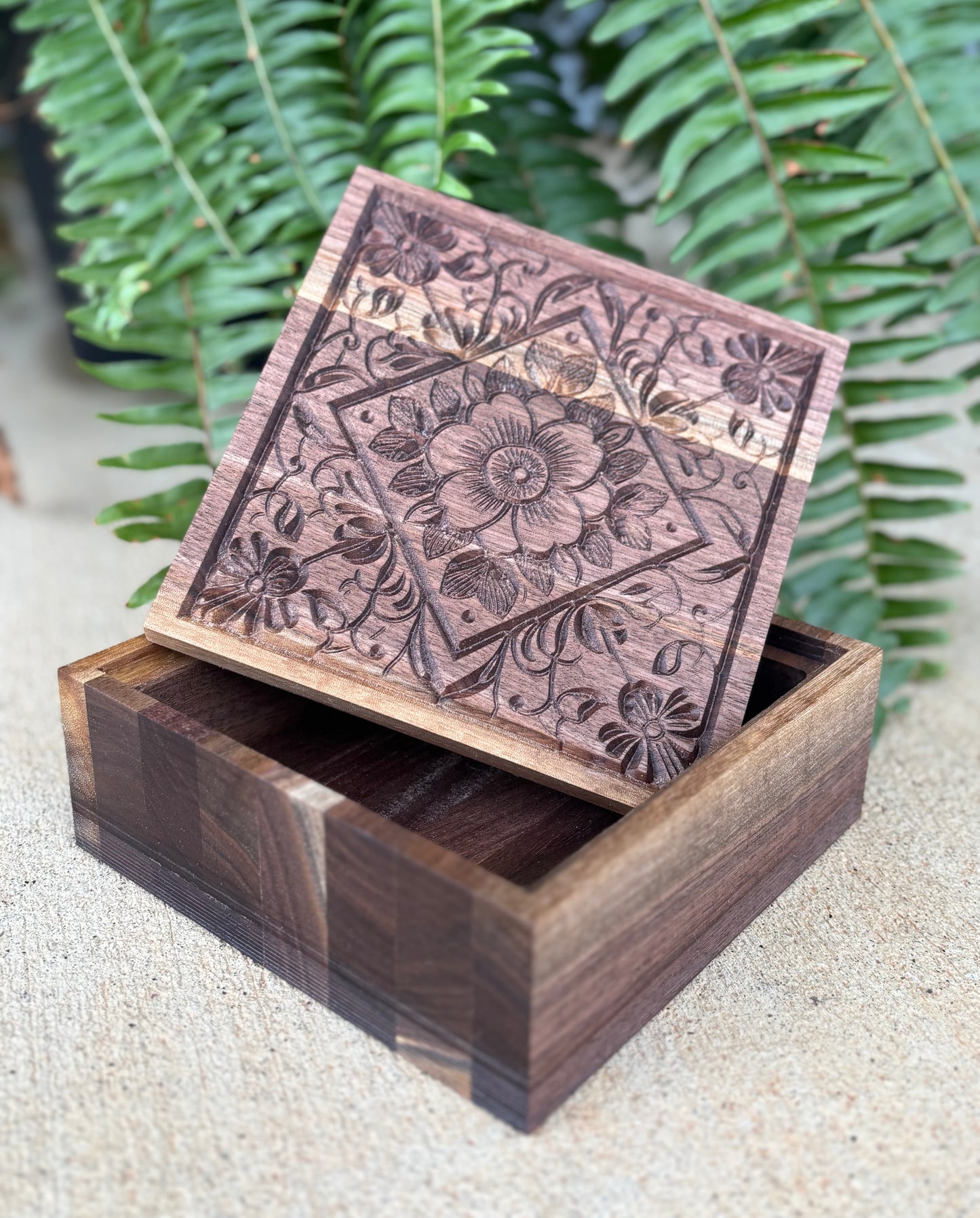 Wooden Jewelry Box – Carved Mandala Walnut Handmade Keepsake Storage