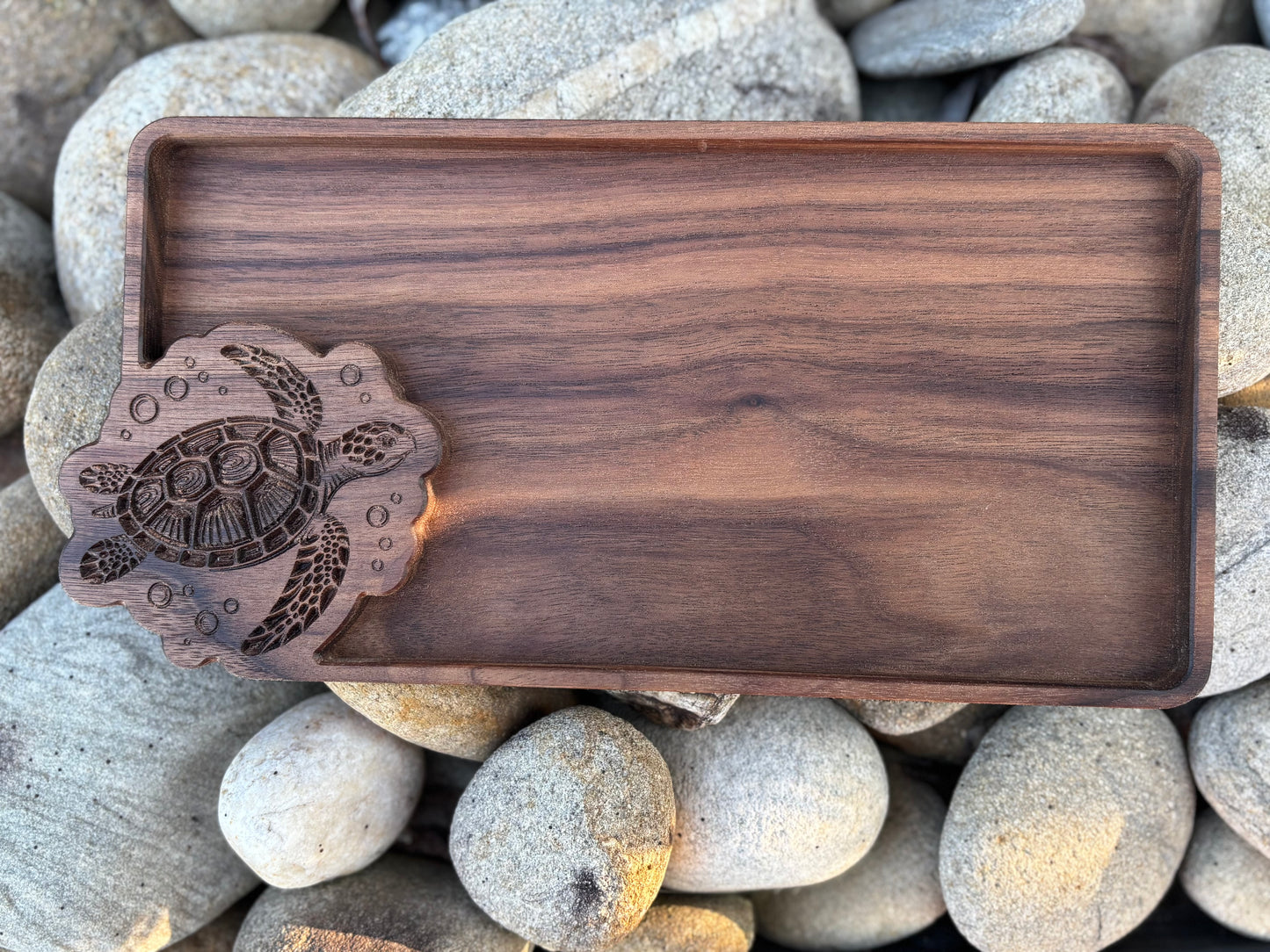 Walnut Wood Catch All Tray – Carved Sea Turtle Design for Coastal Entryway