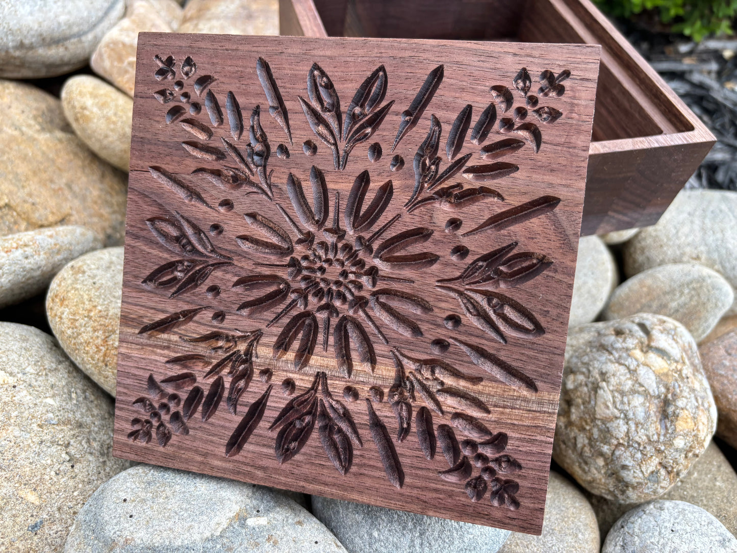 Wooden Jewelry Box – Carved Mandala Walnut Handmade Keepsake Storage