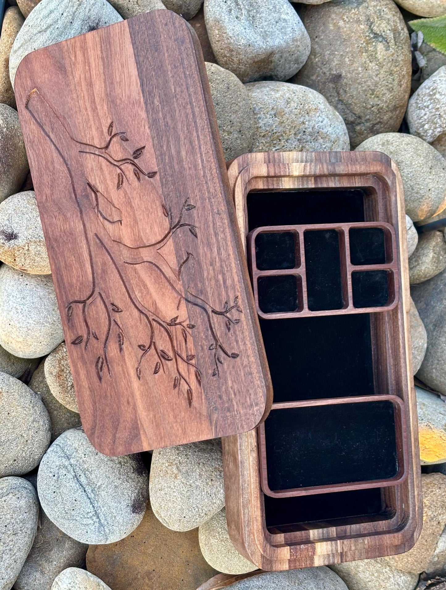 Walnut Jewelry Box – Handcrafted with Lid & Tree Engraving