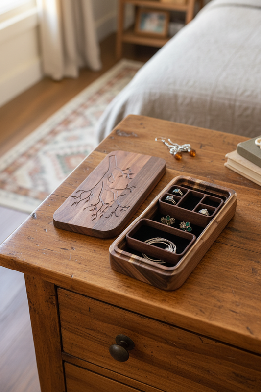 Walnut Jewelry Box – Handcrafted with Lid & Tree Engraving