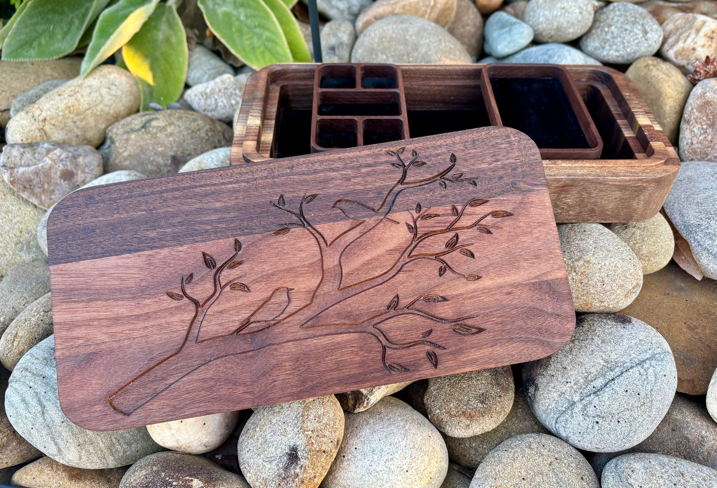 Walnut Jewelry Box – Handcrafted with Lid & Tree Engraving